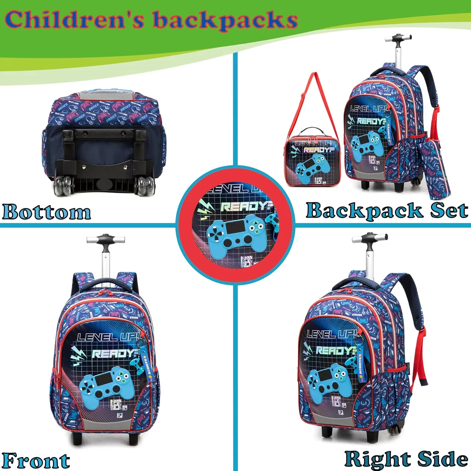 Egchescebo Kids Gamepad Rolling Backpack for Boys Suitcases Trolley Backpacks with Wheels Roller Luggage Backpacks on Wheels with Lunch Box Pencil Case for Elementary Boy Travel Soccer school Bag Blue