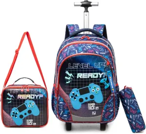 Egchescebo Kids Gamepad Rolling Backpack for Boys Suitcases Trolley Backpacks with Wheels Roller Luggage Backpacks on Wheels with Lunch Box Pencil Case for Elementary Boy Travel Soccer school Bag Blue