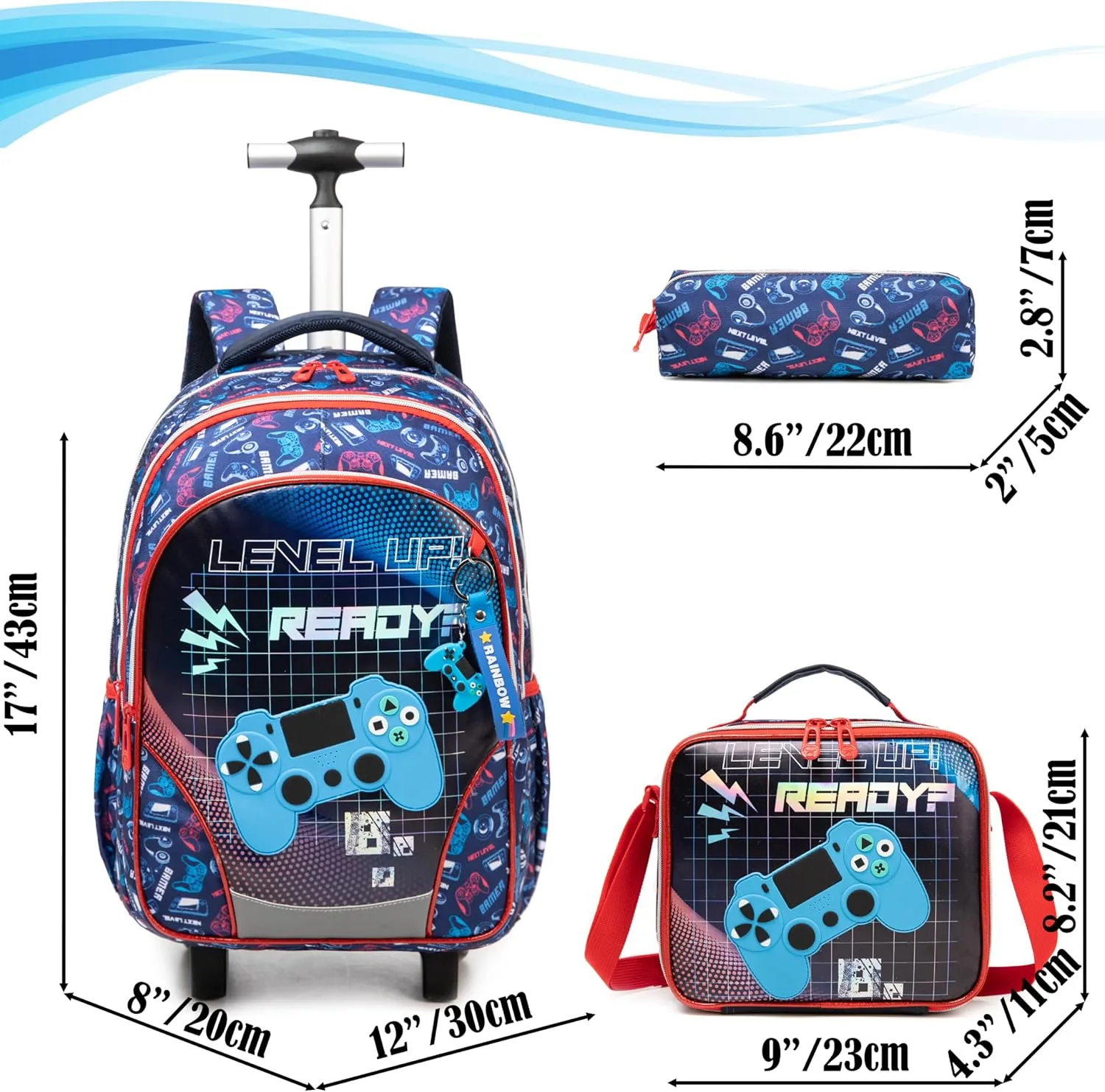 Egchescebo Kids Gamepad Rolling Backpack for Boys Suitcases Trolley Backpacks with Wheels Roller Luggage Backpacks on Wheels with Lunch Box Pencil Case for Elementary Boy Travel Soccer school Bag Blue