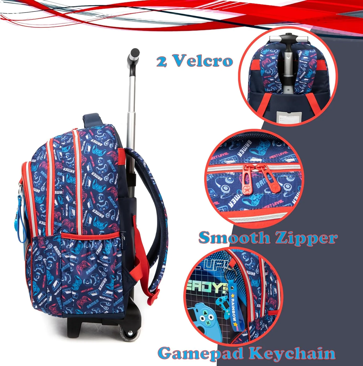 Egchescebo Kids Gamepad Rolling Backpack for Boys Suitcases Trolley Backpacks with Wheels Roller Luggage Backpacks on Wheels with Lunch Box Pencil Case for Elementary Boy Travel Soccer school Bag Blue