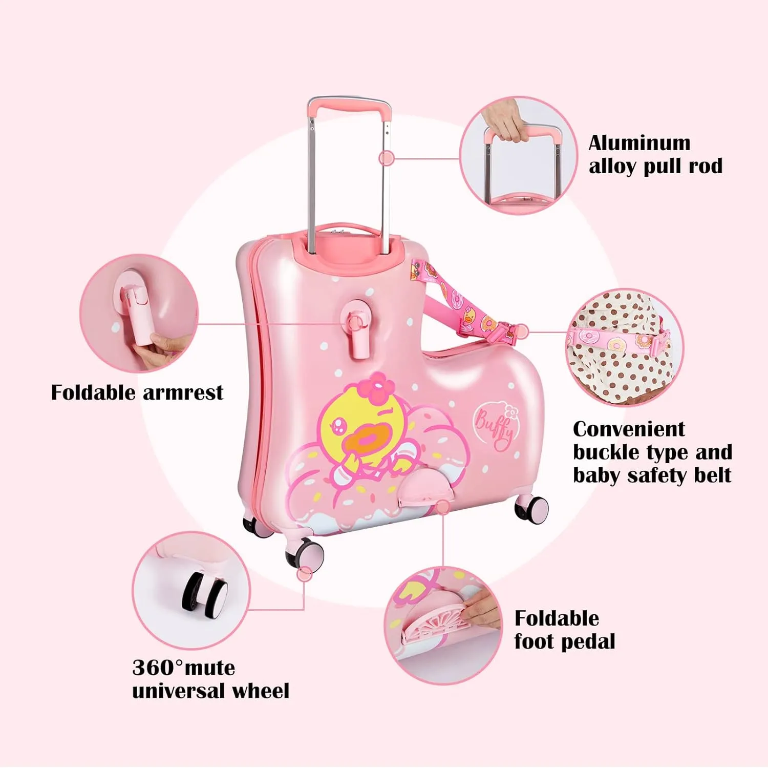 Eing Children's Ride-On Travel Suitcase, Rolling Kid's Luggage with Wheels, Cute Funny Ride On Trolley Luggage, 24 Inch (Pink Flower) with Password Lock