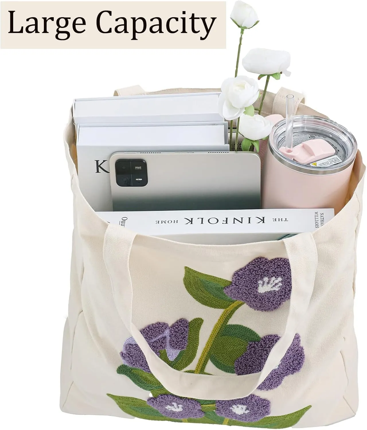 Embroidery Canvas Tote Bag for Women Reusable Cotton Shoulder Bag for Shopping Grocery Beach Book Gift Gym