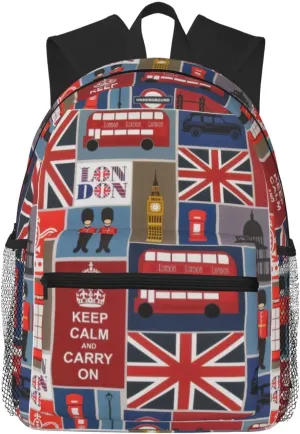 England Symbols Print Adults Casual Travel Zipper Bookbag Polyester Travel Daypack Bag Multiple Pockets