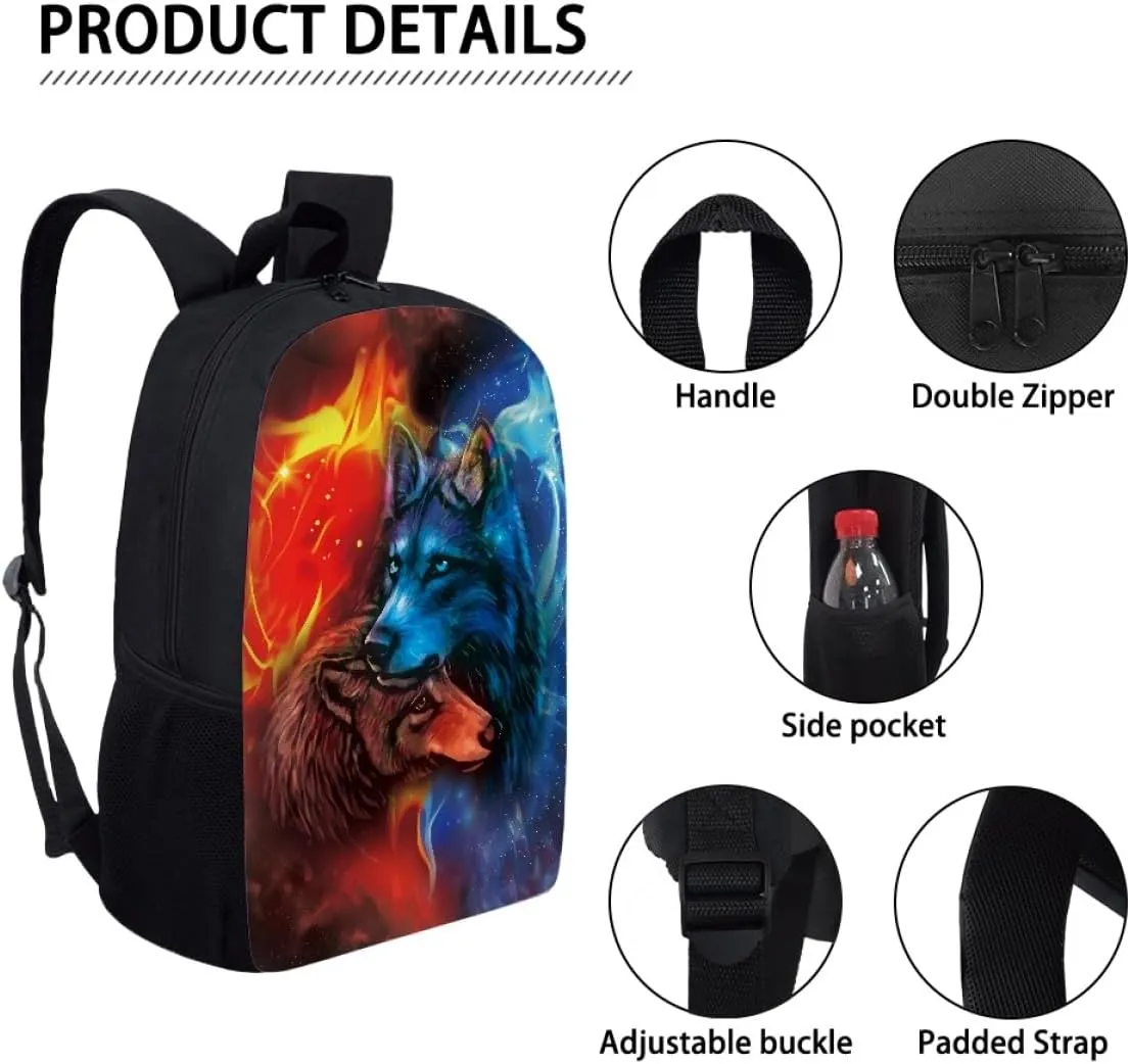 ENLACHIC Kids Cool 3D Ice And Fire Wolf Print Backpacks for School Travel Bookbag School Bag Laptop Backpack Casual Daypack