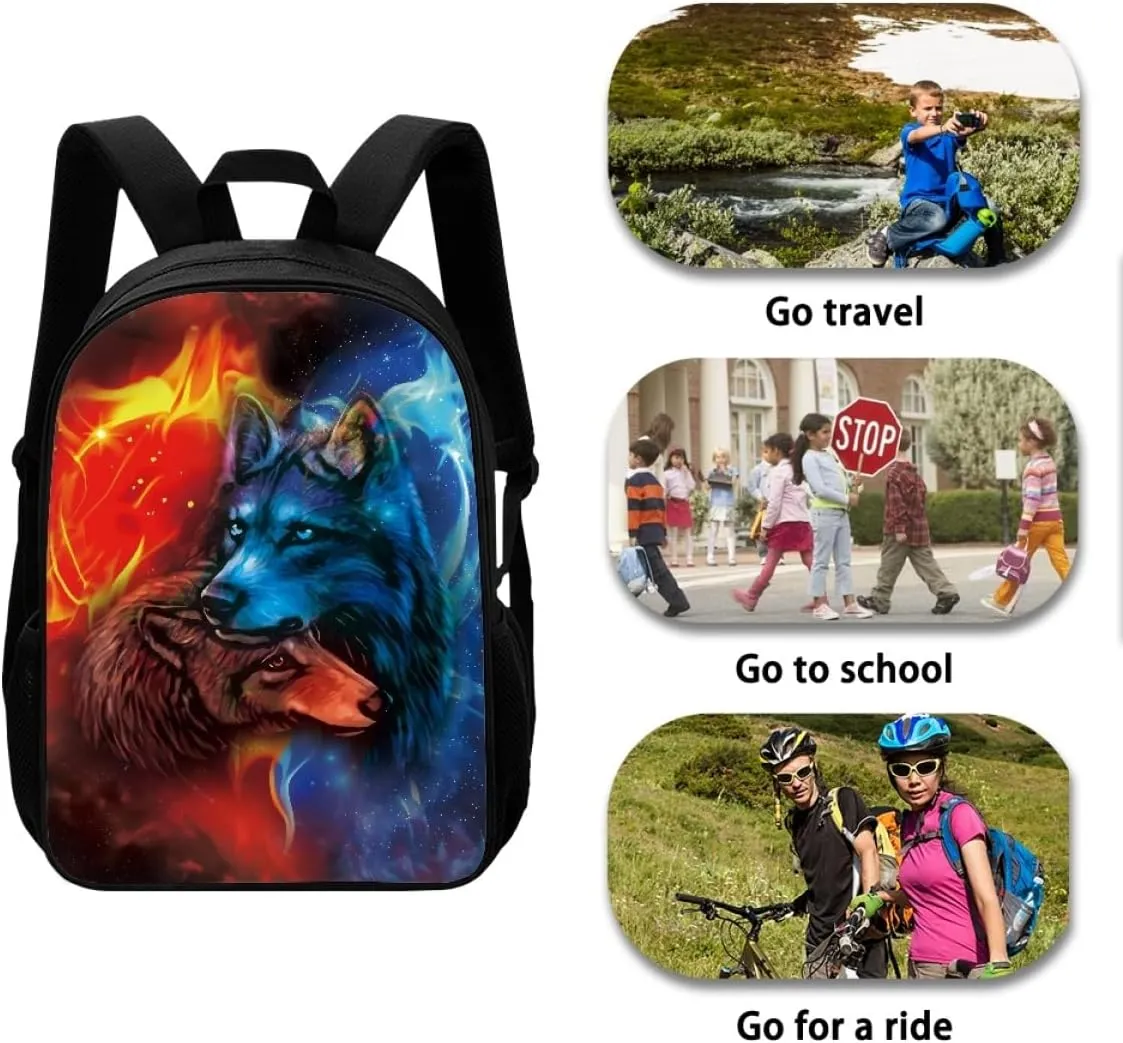 ENLACHIC Kids Cool 3D Ice And Fire Wolf Print Backpacks for School Travel Bookbag School Bag Laptop Backpack Casual Daypack