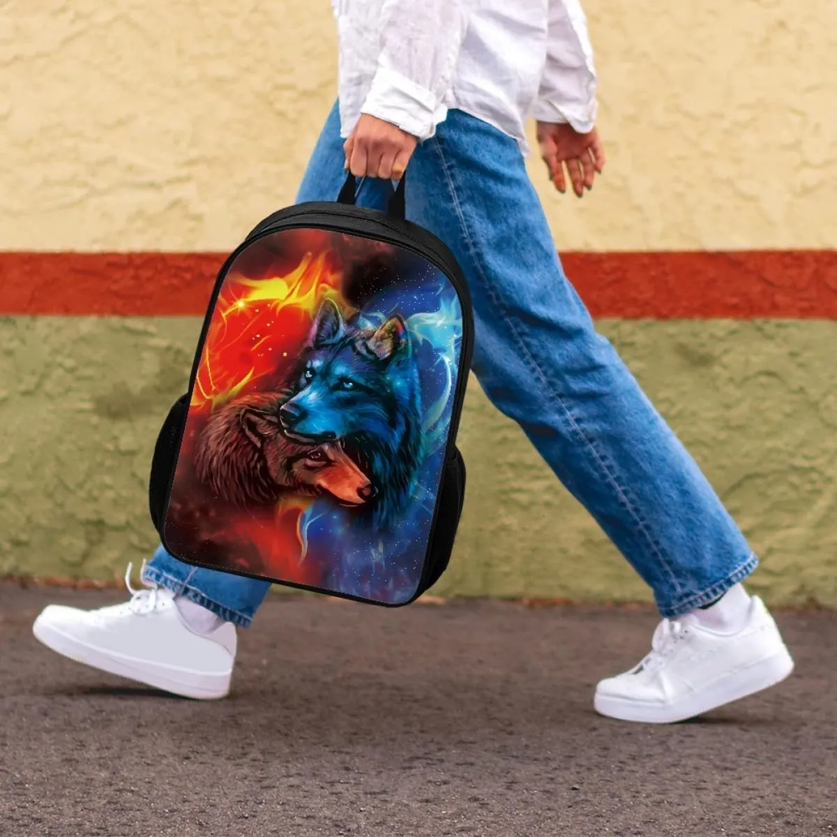 ENLACHIC Kids Cool 3D Ice And Fire Wolf Print Backpacks for School Travel Bookbag School Bag Laptop Backpack Casual Daypack