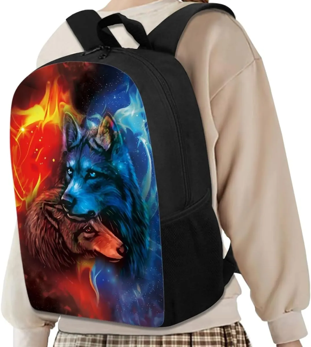 ENLACHIC Kids Cool 3D Ice And Fire Wolf Print Backpacks for School Travel Bookbag School Bag Laptop Backpack Casual Daypack