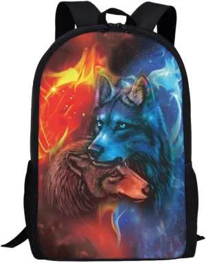 ENLACHIC Kids Cool 3D Ice And Fire Wolf Print Backpacks for School Travel Bookbag School Bag Laptop Backpack Casual Daypack