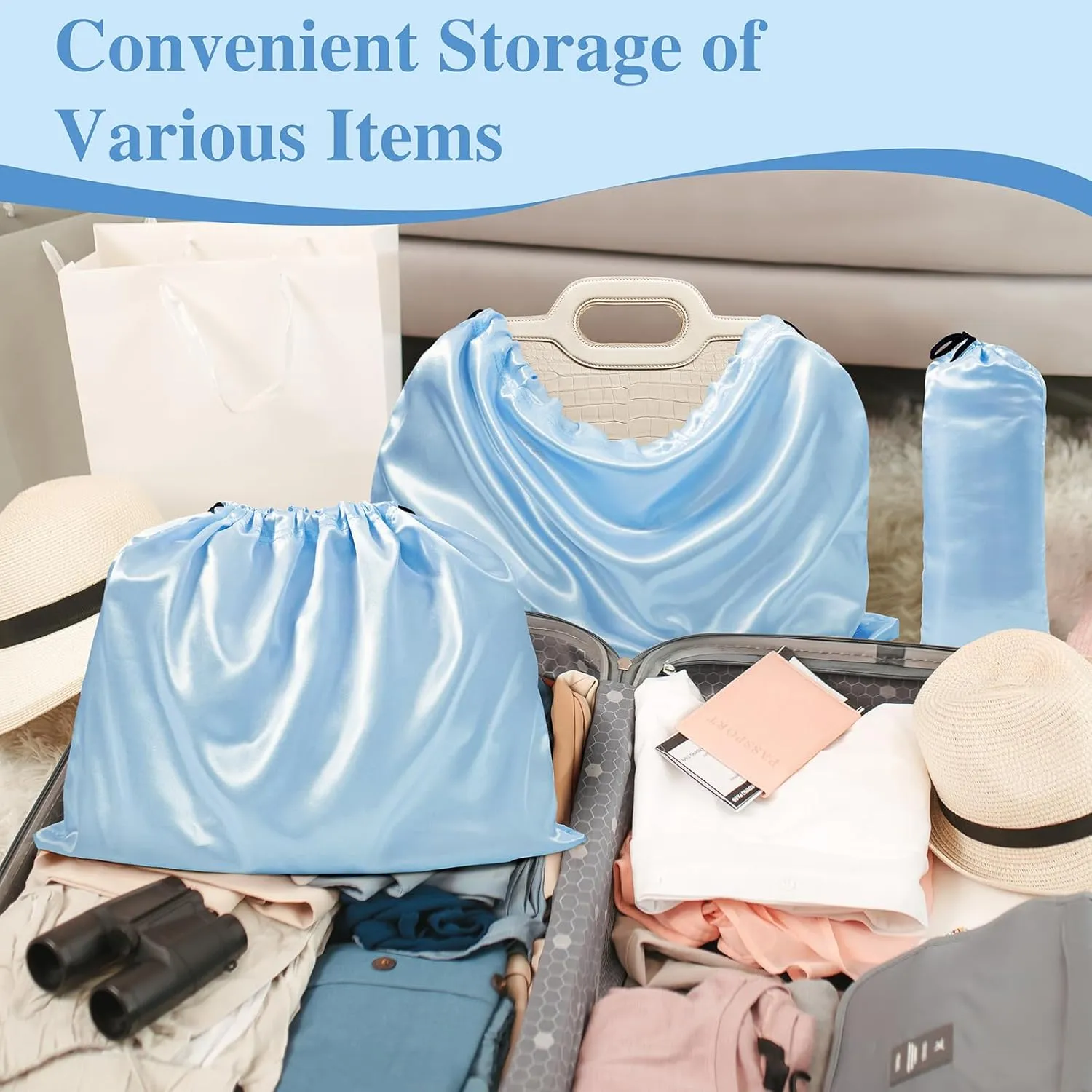 Ersmak 6 Pack Dust Bags for Handbags - Baby Blue Silk Dust Cover Bag for Purses Shoes - Satin Drawstring Dustproof Bags for Travel Storage - 23.6 x 19.7 In