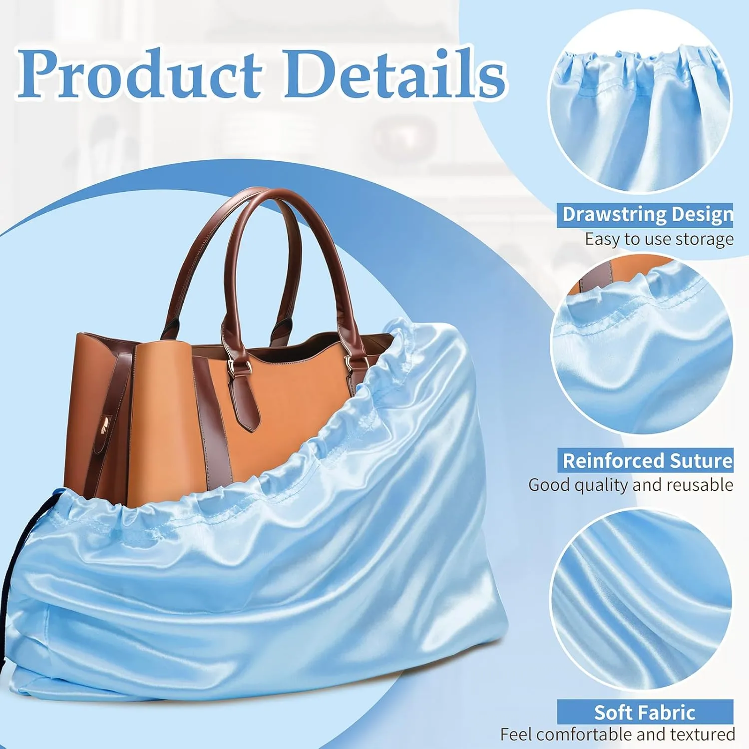Ersmak 6 Pack Dust Bags for Handbags - Baby Blue Silk Dust Cover Bag for Purses Shoes - Satin Drawstring Dustproof Bags for Travel Storage - 23.6 x 19.7 In