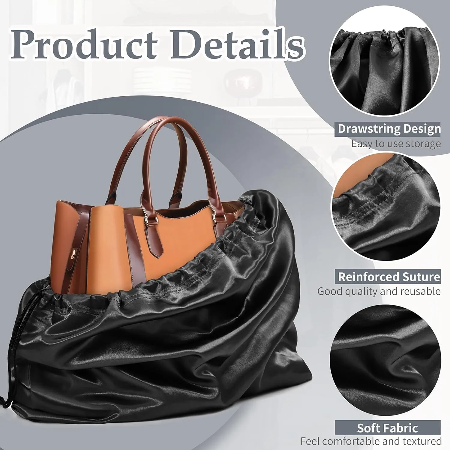 Ersmak 6 Pack Dust Bags for Handbags - Black Silk Dust Cover Bag for Purses Shoes - Satin Drawstring Dustproof Bags for Travel Storage - 23.6 x 19.7 In