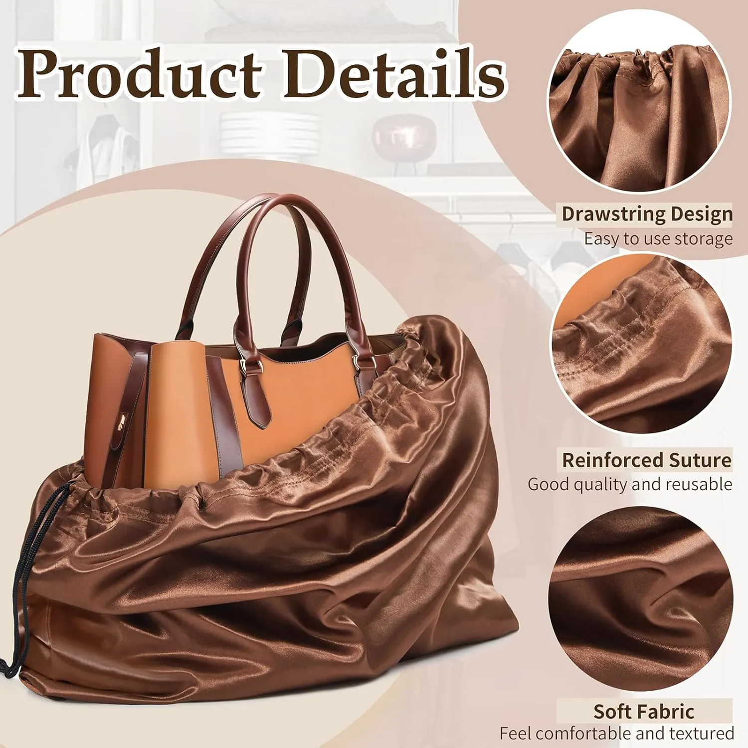 Ersmak 6 Pack Dust Bags for Handbags - Brown Silk Dust Cover Bag for Purses Shoes - Satin Drawstring Dustproof Bags for Travel Storage - 19.7 x 15.7 In