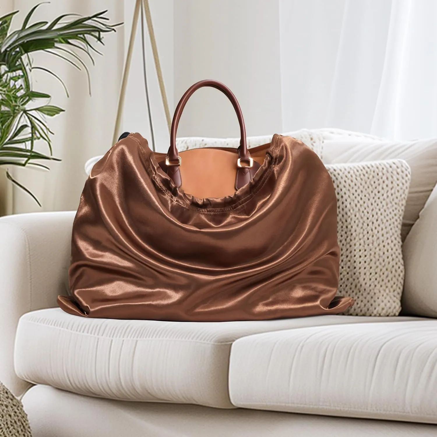 Ersmak 6 Pack Dust Bags for Handbags - Brown Silk Dust Cover Bag for Purses Shoes - Satin Drawstring Dustproof Bags for Travel Storage - 19.7 x 15.7 In