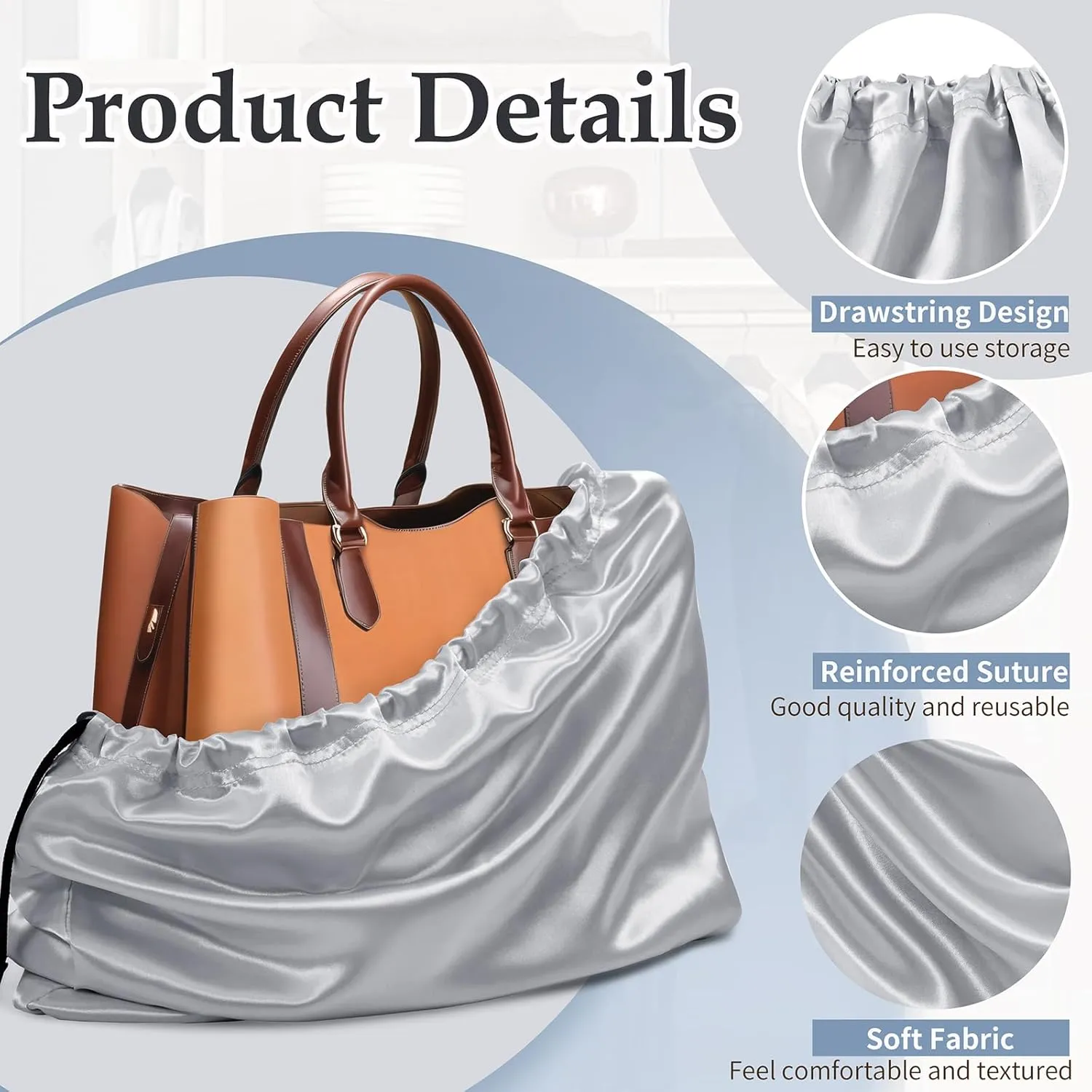 Ersmak 6 Pack Dust Bags for Handbags - Grey Silk Dust Cover Bag for Purses Shoes - Satin Drawstring Dustproof Bags for Travel Storage - 23.6 x 19.7 In