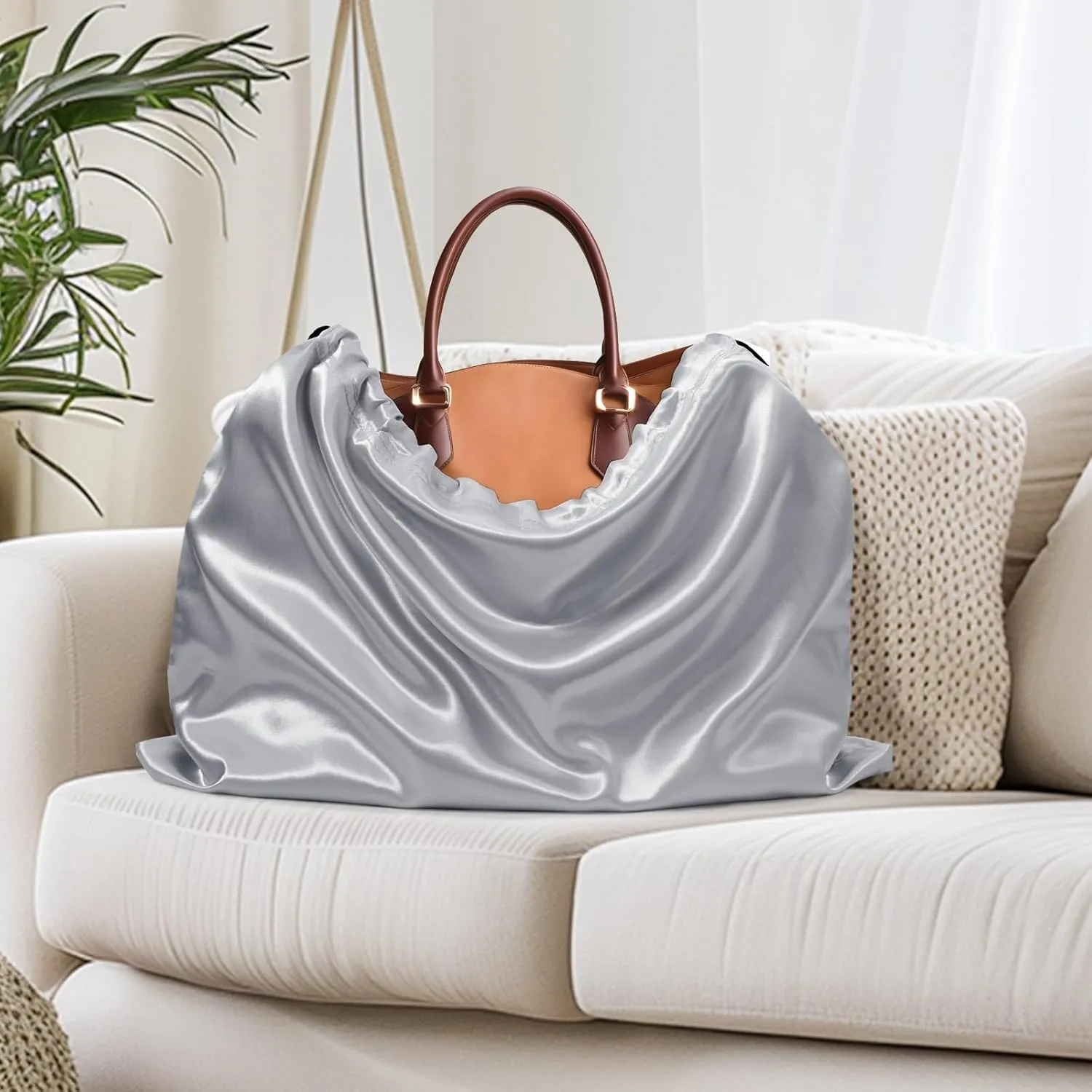 Ersmak 6 Pack Dust Bags for Handbags - Grey Silk Dust Cover Bag for Purses Shoes - Satin Drawstring Dustproof Bags for Travel Storage - 23.6 x 19.7 In