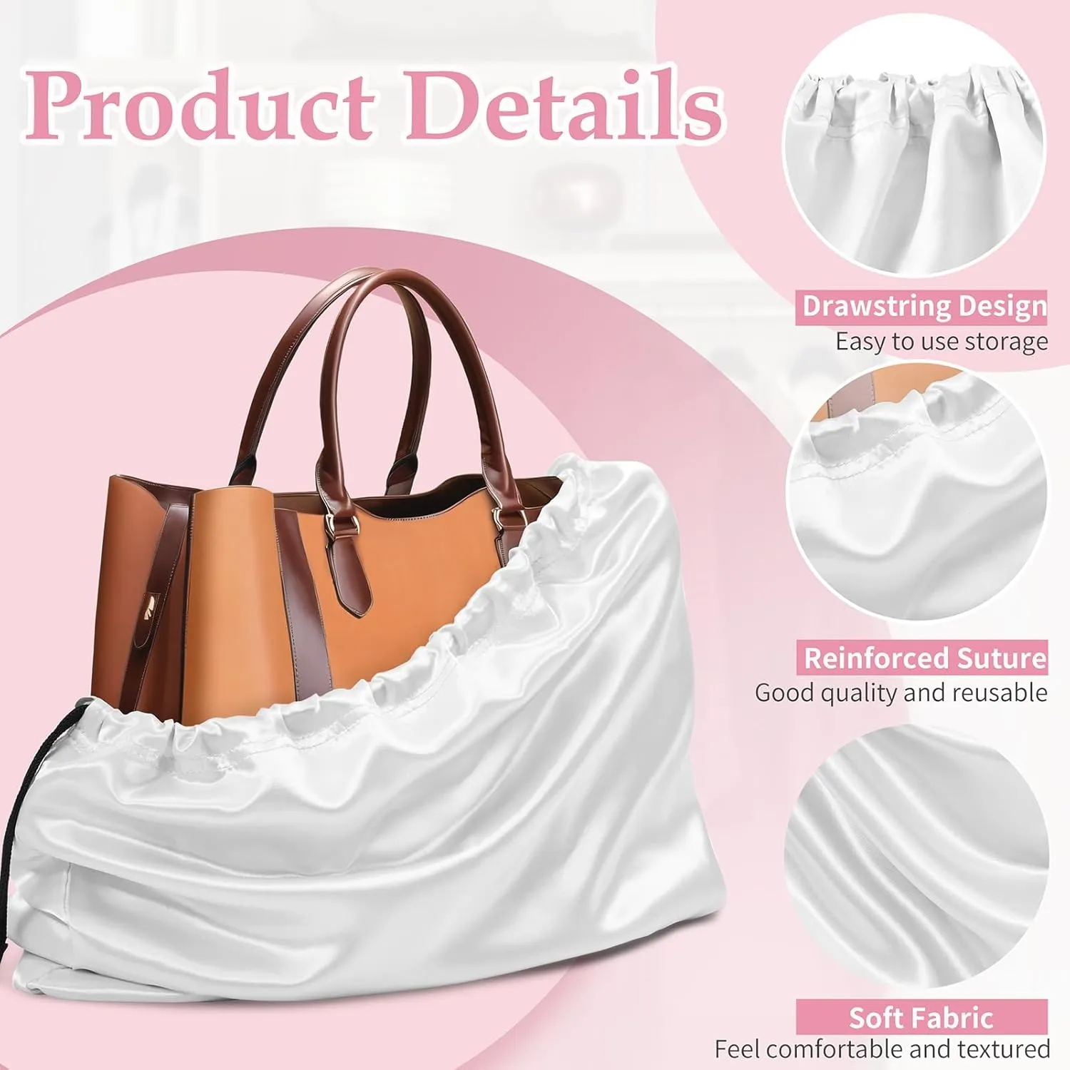 Ersmak 6 Pack Dust Bags for Handbags - Ivory White Silk Dust Cover Bag for Purses Shoes - Satin Drawstring Dustproof Bags for Travel Storage - 23.6 x 19.7 In