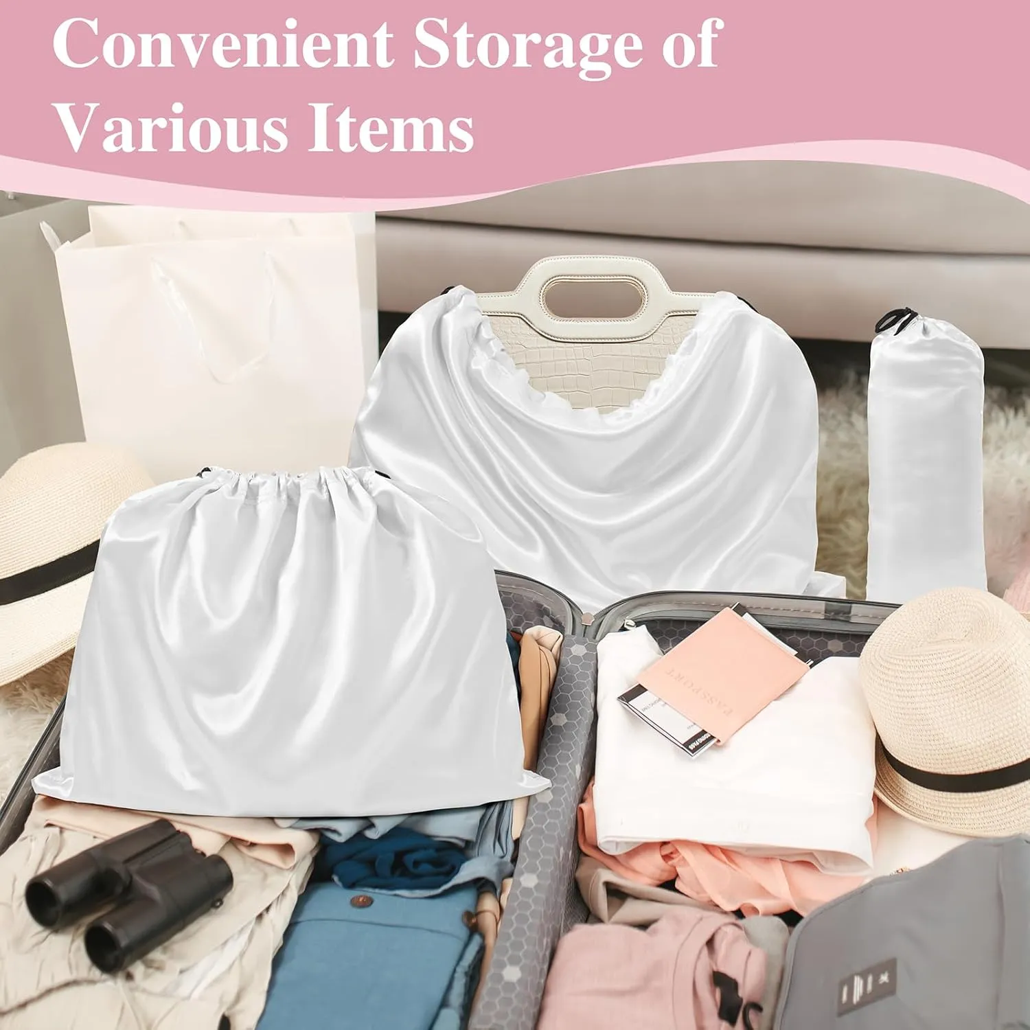 Ersmak 6 Pack Dust Bags for Handbags - Ivory White Silk Dust Cover Bag for Purses Shoes - Satin Drawstring Dustproof Bags for Travel Storage - 23.6 x 19.7 In