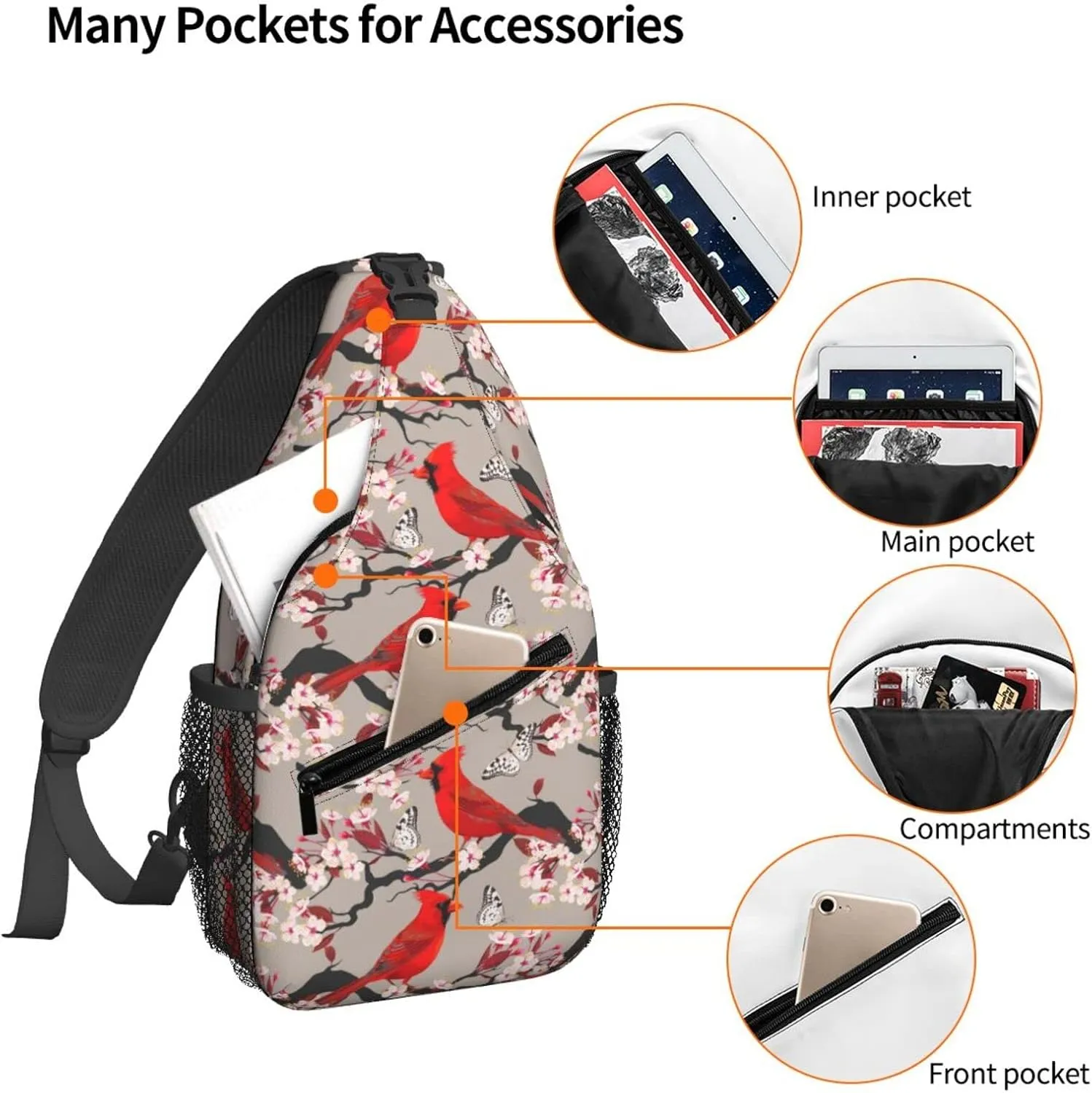 Famame Cardinal And Blooming Cherry Sling Backpack Chest Bag Crossbody Shoulder Bag Gym Cycling Travel Hiking Daypack For Men Women Multicolor 23