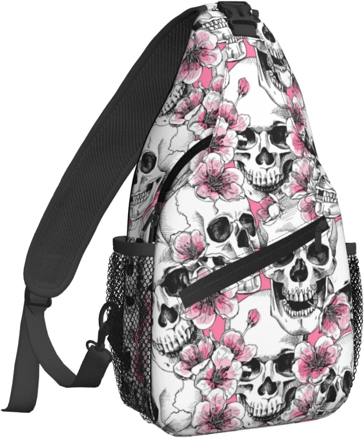 Famame Sugar Skull Skeleton Flower Pink Sling Backpack Chest Bag Crossbody Shoulder Bag Gym Cycling Travel Hiking Daypack For Men Women, Multicolor