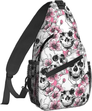 Famame Sugar Skull Skeleton Flower Pink Sling Backpack Chest Bag Crossbody Shoulder Bag Gym Cycling Travel Hiking Daypack For Men Women, Multicolor