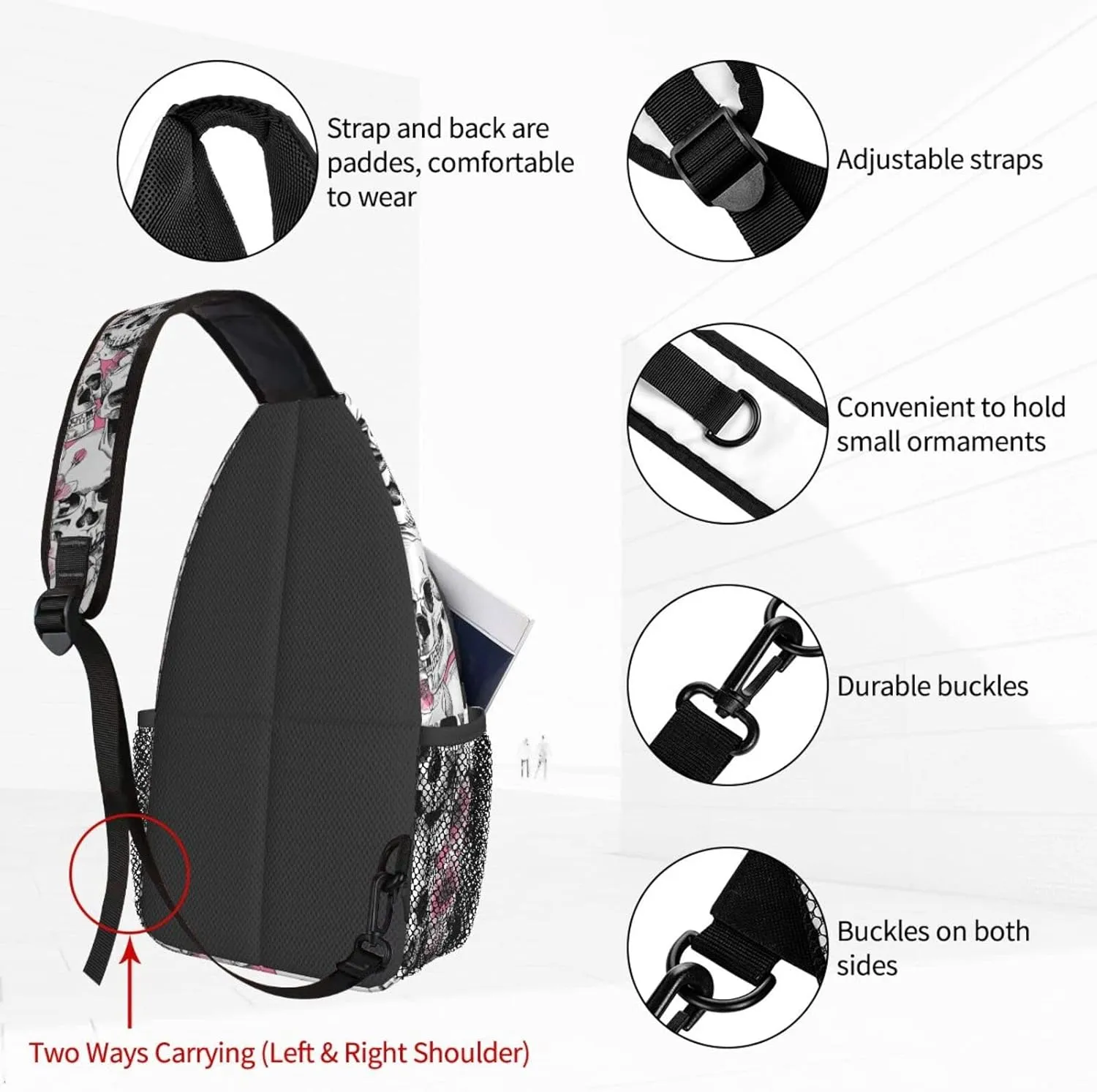 Famame Sugar Skull Skeleton Flower Pink Sling Backpack Chest Bag Crossbody Shoulder Bag Gym Cycling Travel Hiking Daypack For Men Women, Multicolor