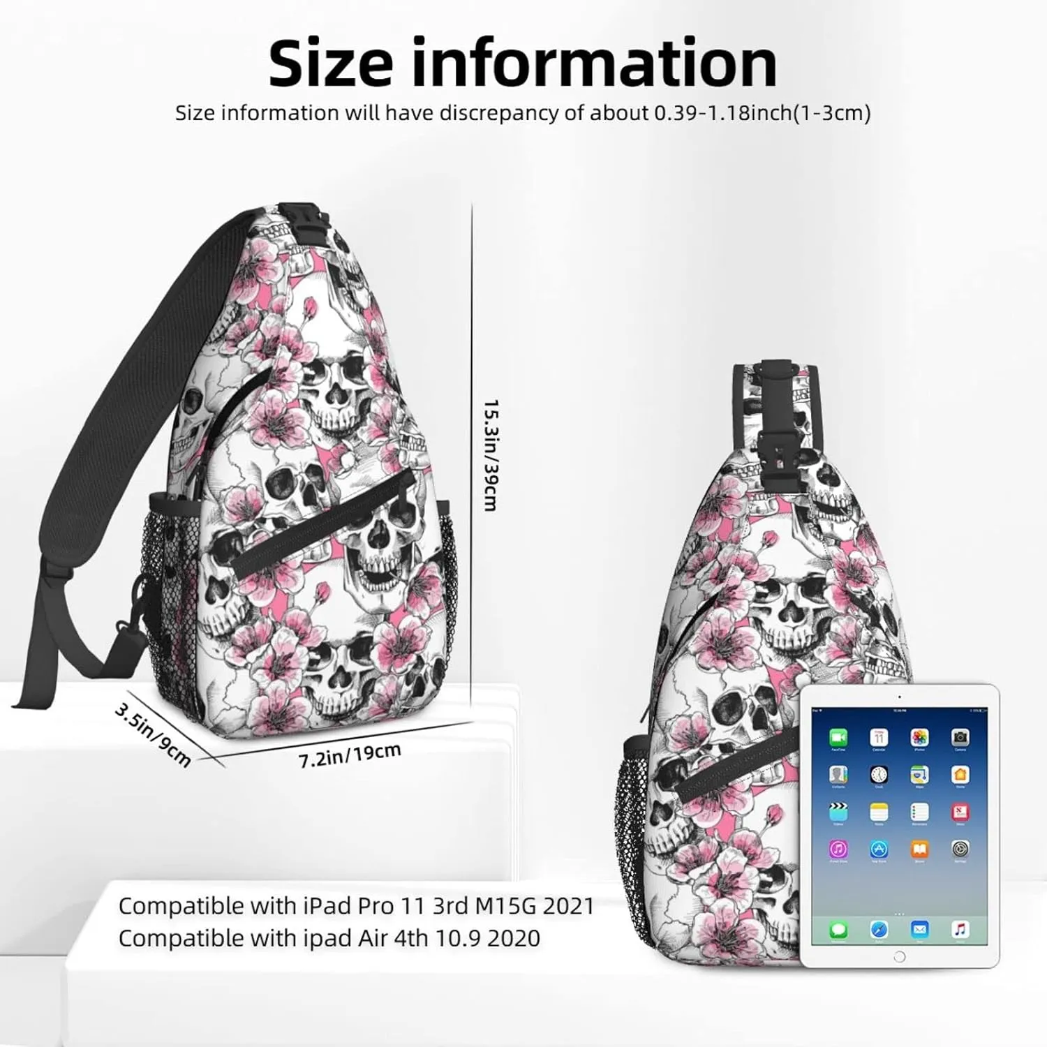Famame Sugar Skull Skeleton Flower Pink Sling Backpack Chest Bag Crossbody Shoulder Bag Gym Cycling Travel Hiking Daypack For Men Women, Multicolor