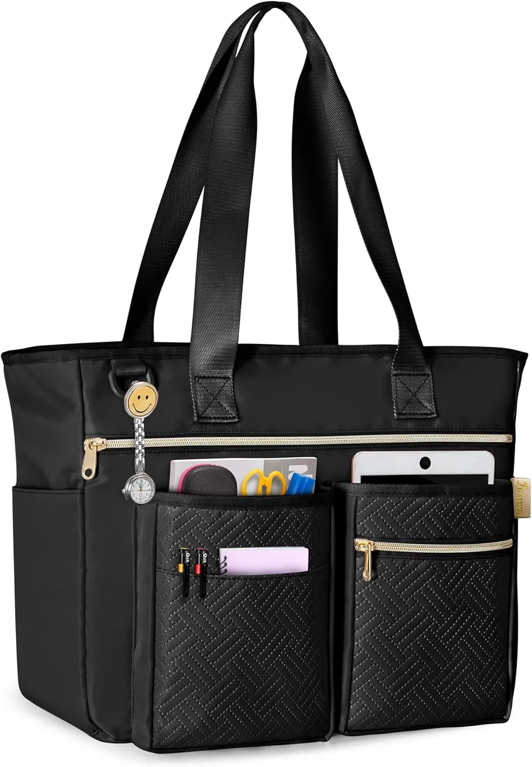 Fasrom Tote Bag for Work Women, Large Utility Bag with Padded Sleeve for up to 15.6 Inches Laptop and Teacher Supplies, Black (Patent Design)