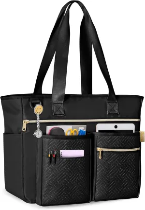 Fasrom Tote Bag for Work Women, Large Utility Bag with Padded Sleeve for up to 15.6 Inches Laptop and Teacher Supplies, Black (Patent Design)