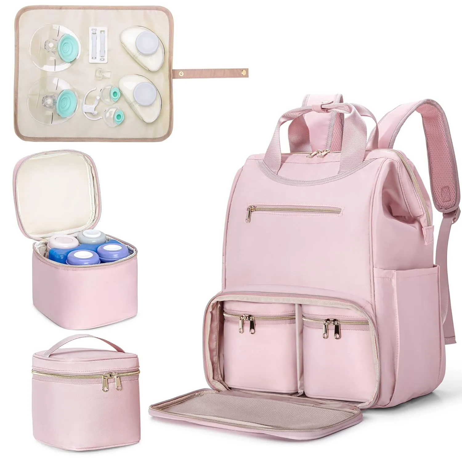 Fasrom Wearable Breast Pump Bag Backpack with Cooler and Pump Tote Bag, Compatible with Momcozy, Medela and Elvie Hands Free Pumps, Pink (Patent Design)