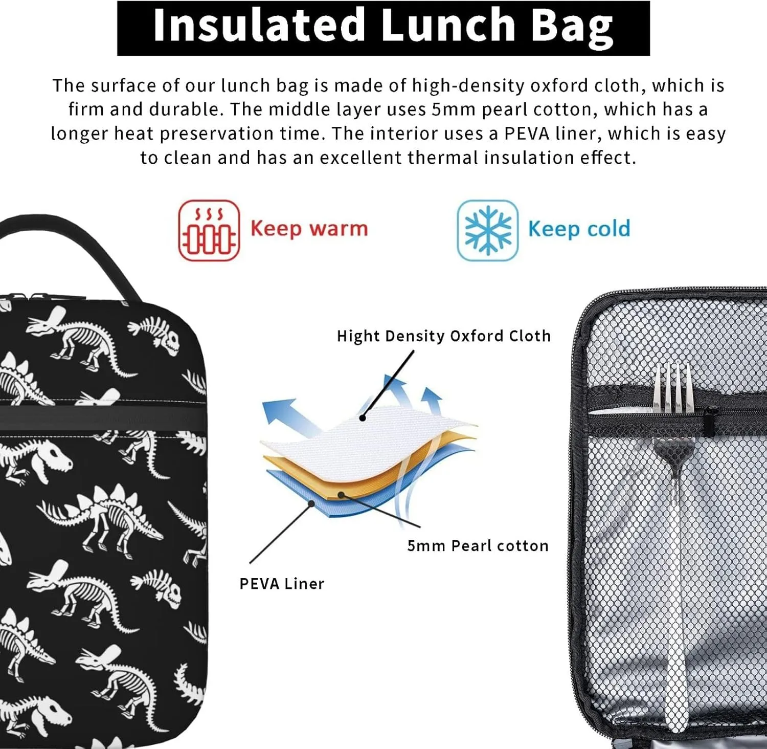Fdnupian Skeleton Dinosaur Fossil Primitive Halloween Insulated Lunch Bag Portable Lunch Box Reusable Totes For Women Men