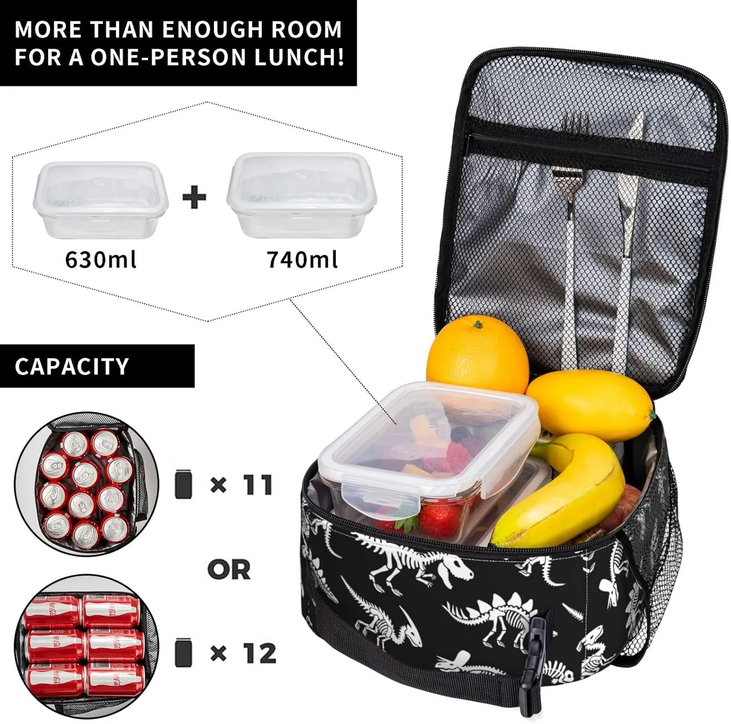 Fdnupian Skeleton Dinosaur Fossil Primitive Halloween Insulated Lunch Bag Portable Lunch Box Reusable Totes For Women Men