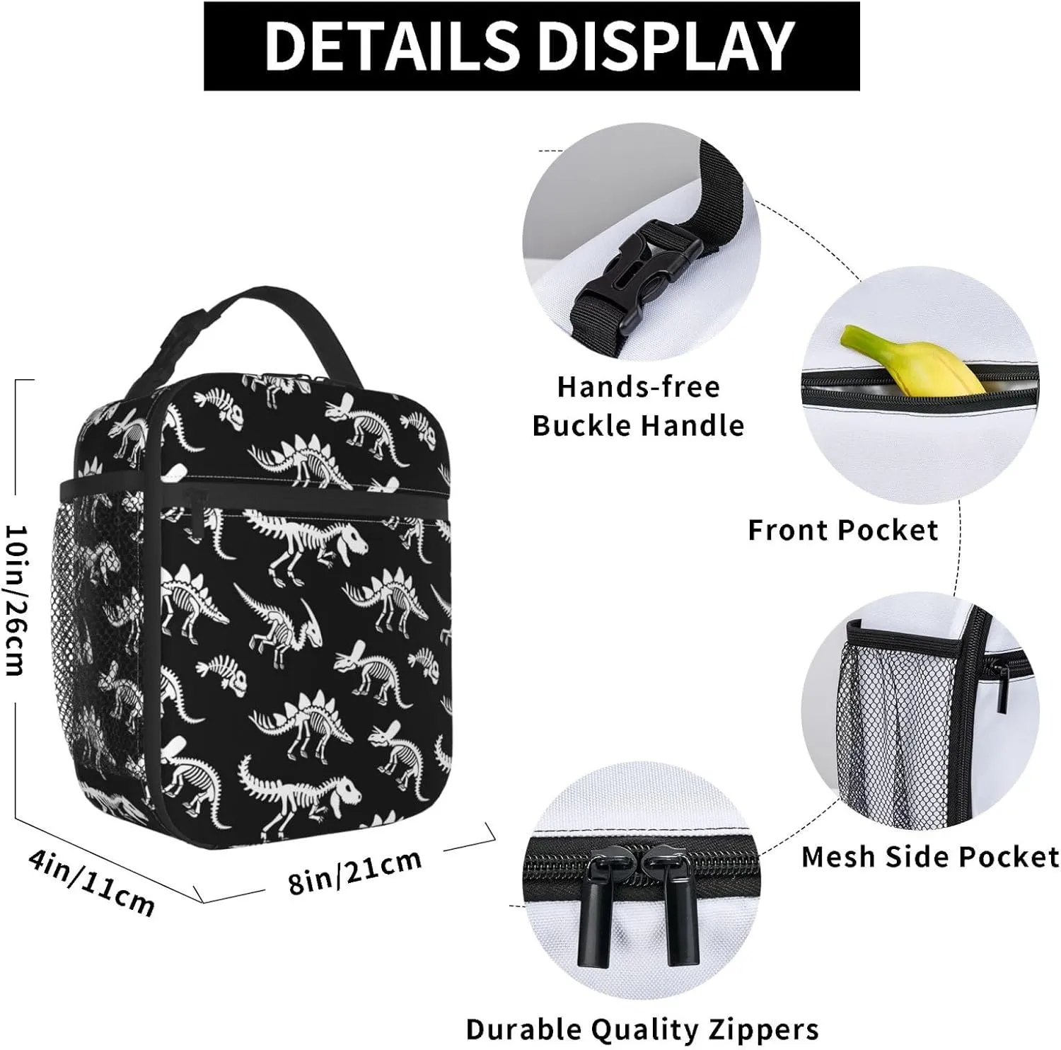 Fdnupian Skeleton Dinosaur Fossil Primitive Halloween Insulated Lunch Bag Portable Lunch Box Reusable Totes For Women Men
