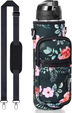 Fimibuke 32 oz Water Bottle with Sleeve - BPA Free Leakproof Sport Large 1L Plastic Motivational Water Bottle with Straw Strap & Insulated Neoprene Holder Carrier Bag Great Xmas Gift for Women Men