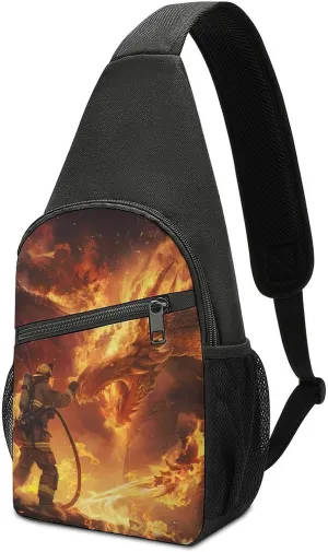 Firefighter Fighting Against Flames Dragon Chest Bag for Men Small Sling Backpack Crossbody Sling Bags for Outdoors Hiking Traveling