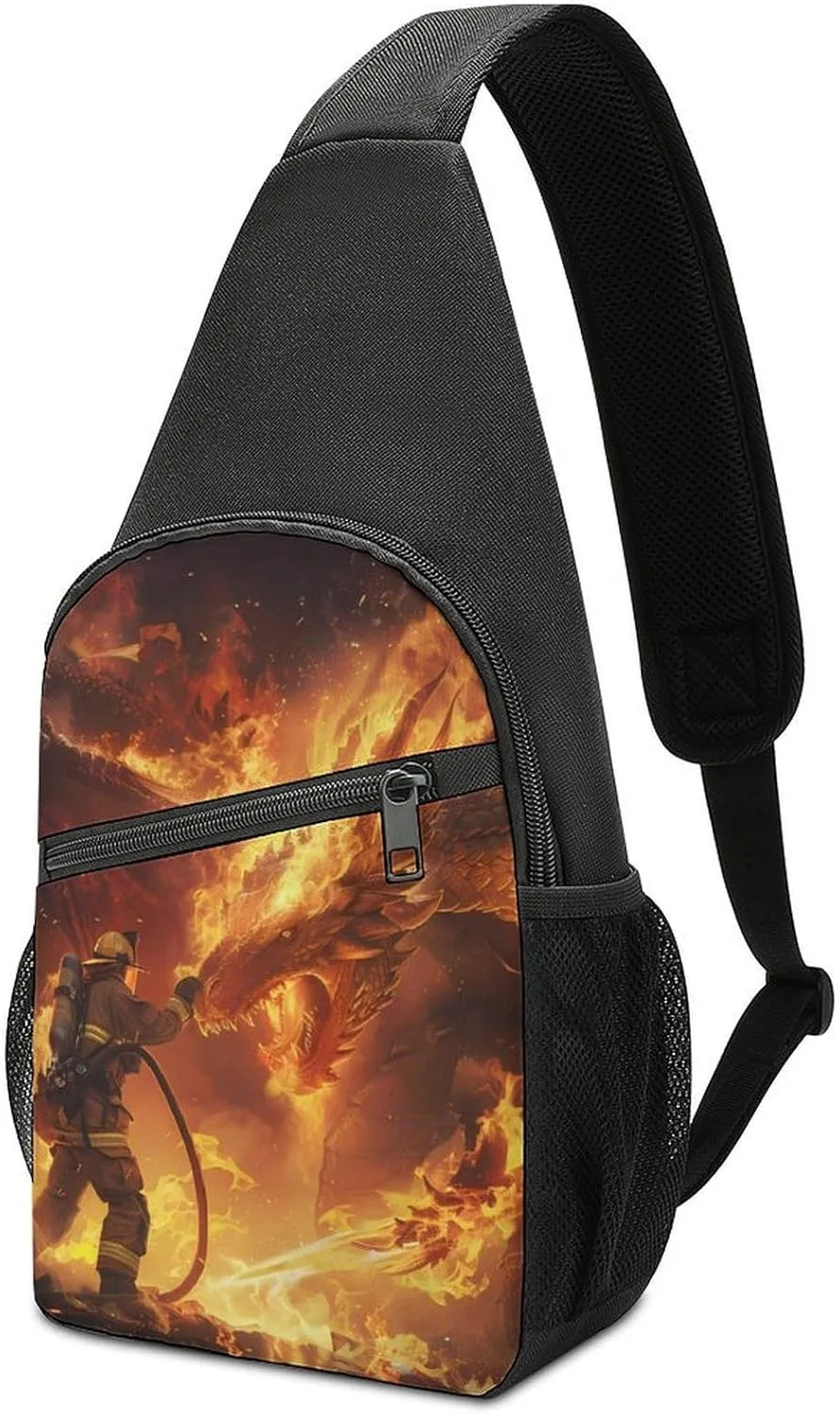 Firefighter Fighting Against Flames Dragon Chest Bag for Men Small Sling Backpack Crossbody Sling Bags for Outdoors Hiking Traveling