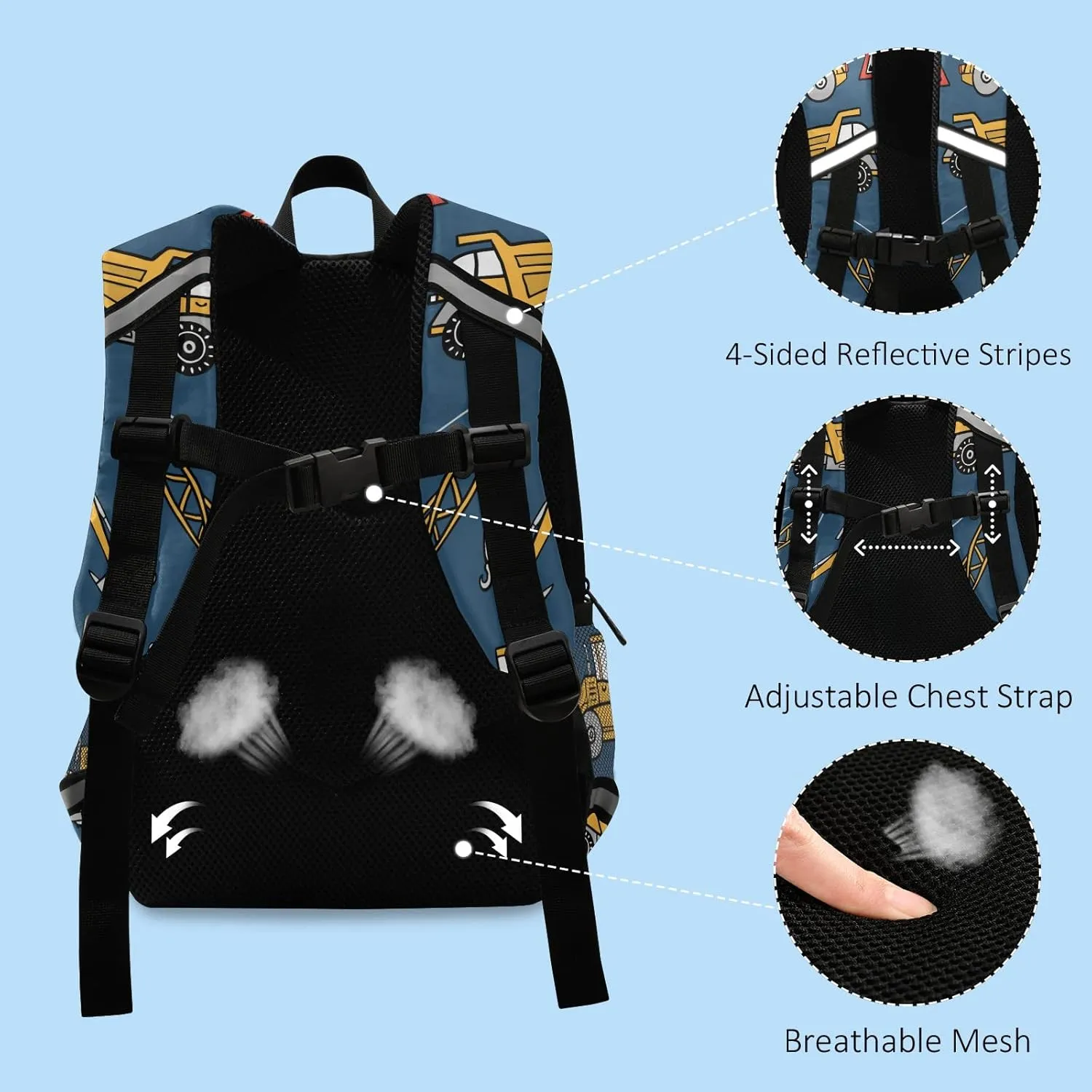 Fisyme Construction Cars Blue Backpack Schoolbag Kids Daypack Toddler Travel School Bag Small Mini Backpacks for Kindergarten Preschool Nursery Children Boys Girls with Chest Strap