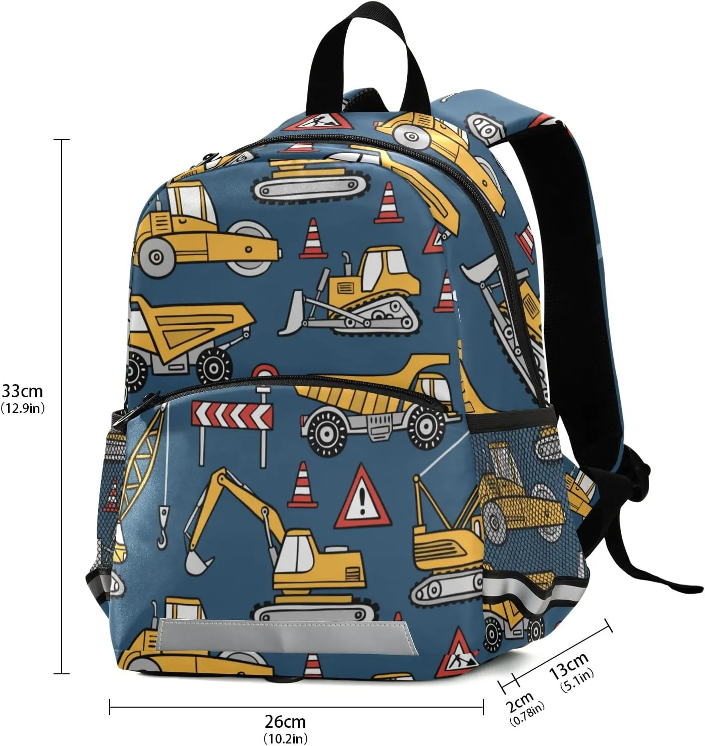 Fisyme Construction Cars Blue Backpack Schoolbag Kids Daypack Toddler Travel School Bag Small Mini Backpacks for Kindergarten Preschool Nursery Children Boys Girls with Chest Strap