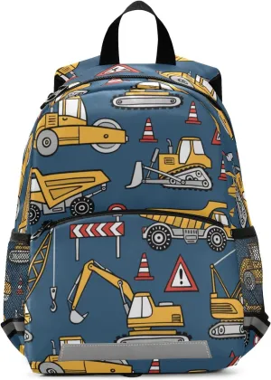 Fisyme Construction Cars Blue Backpack Schoolbag Kids Daypack Toddler Travel School Bag Small Mini Backpacks for Kindergarten Preschool Nursery Children Boys Girls with Chest Strap