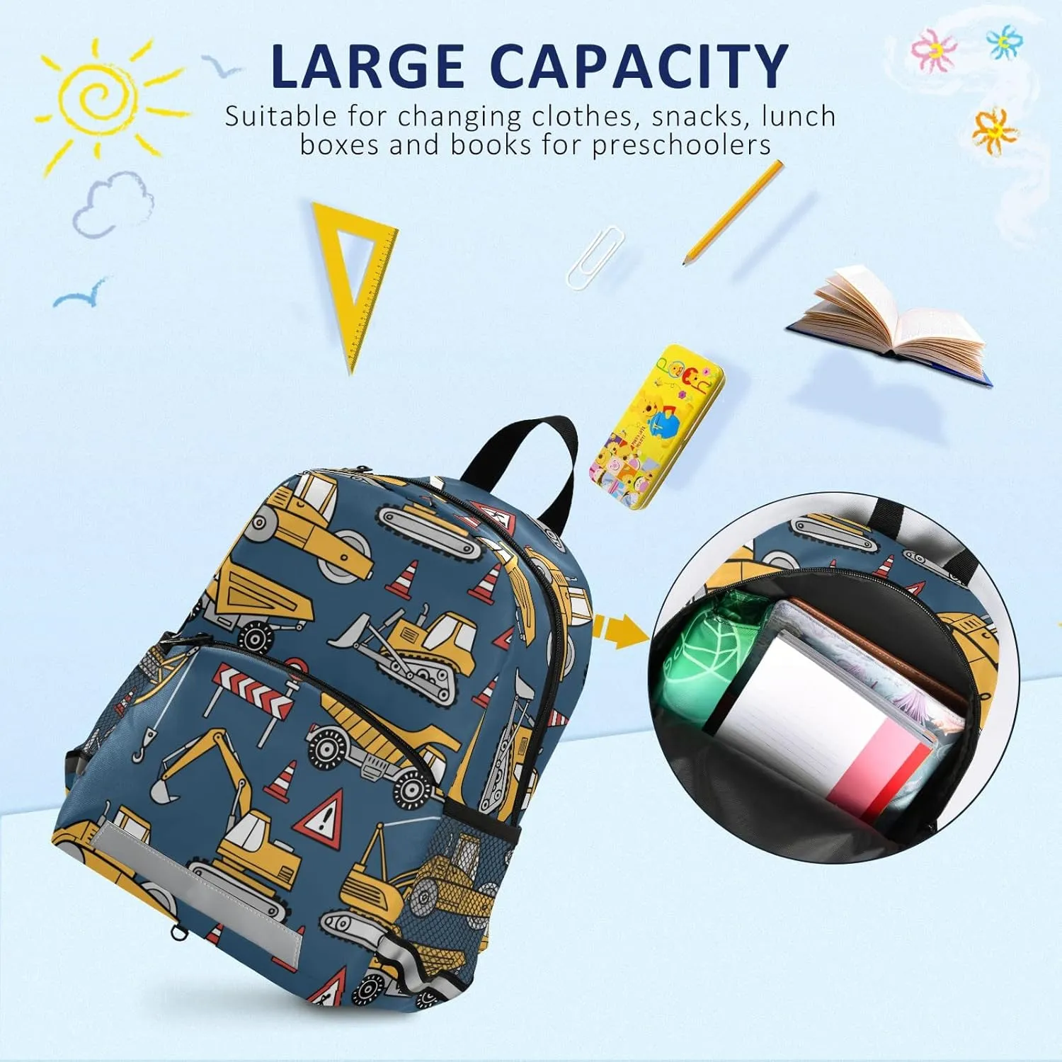 Fisyme Construction Cars Blue Backpack Schoolbag Kids Daypack Toddler Travel School Bag Small Mini Backpacks for Kindergarten Preschool Nursery Children Boys Girls with Chest Strap