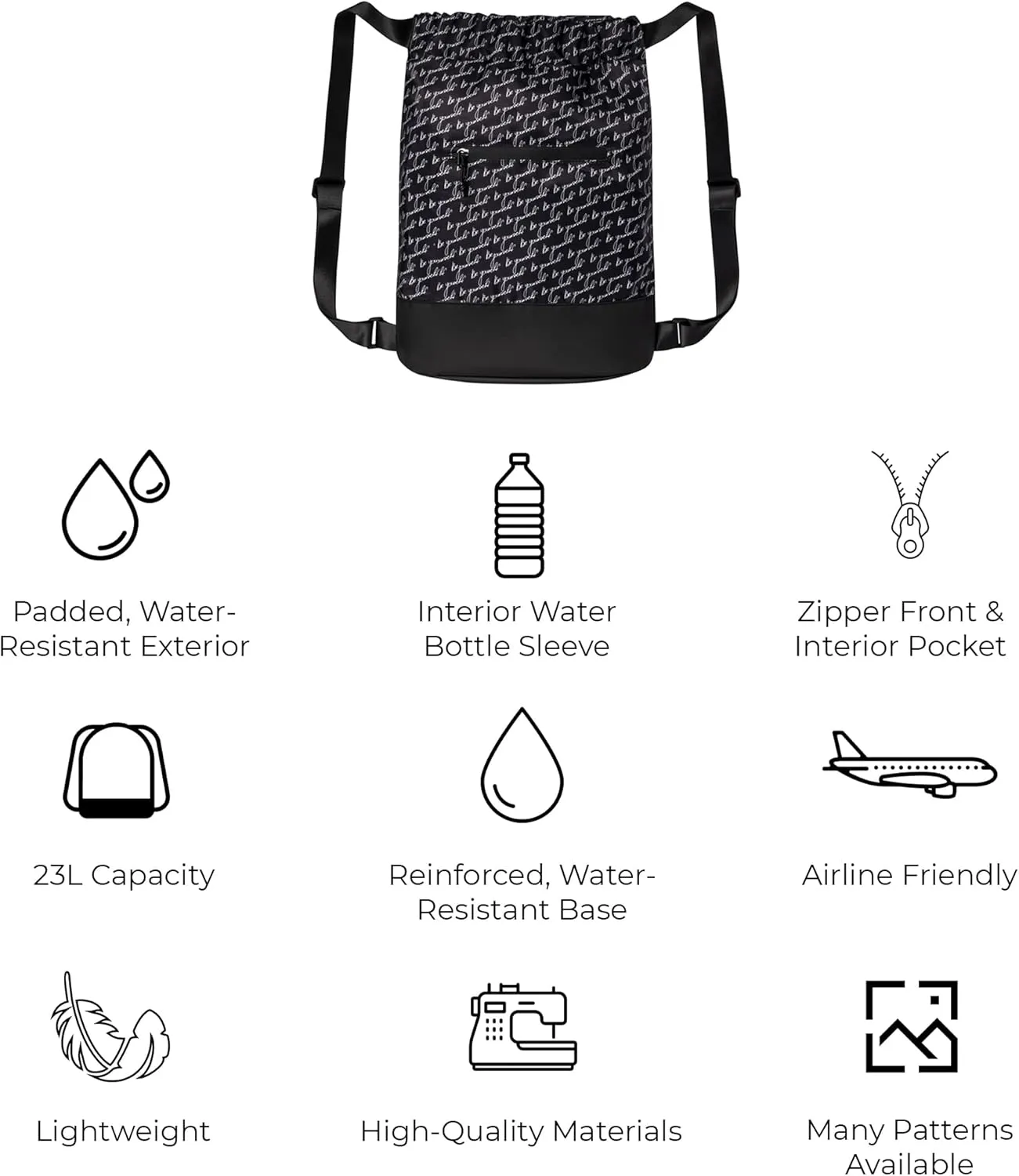 Flex Cinch Drawstring Gym Bag for Women with Graphic Designs | Durable Lightweight Gym Cinch Bags | Great for Gym Bag, Traveling, and Overnights | Black/White - Be Yourself