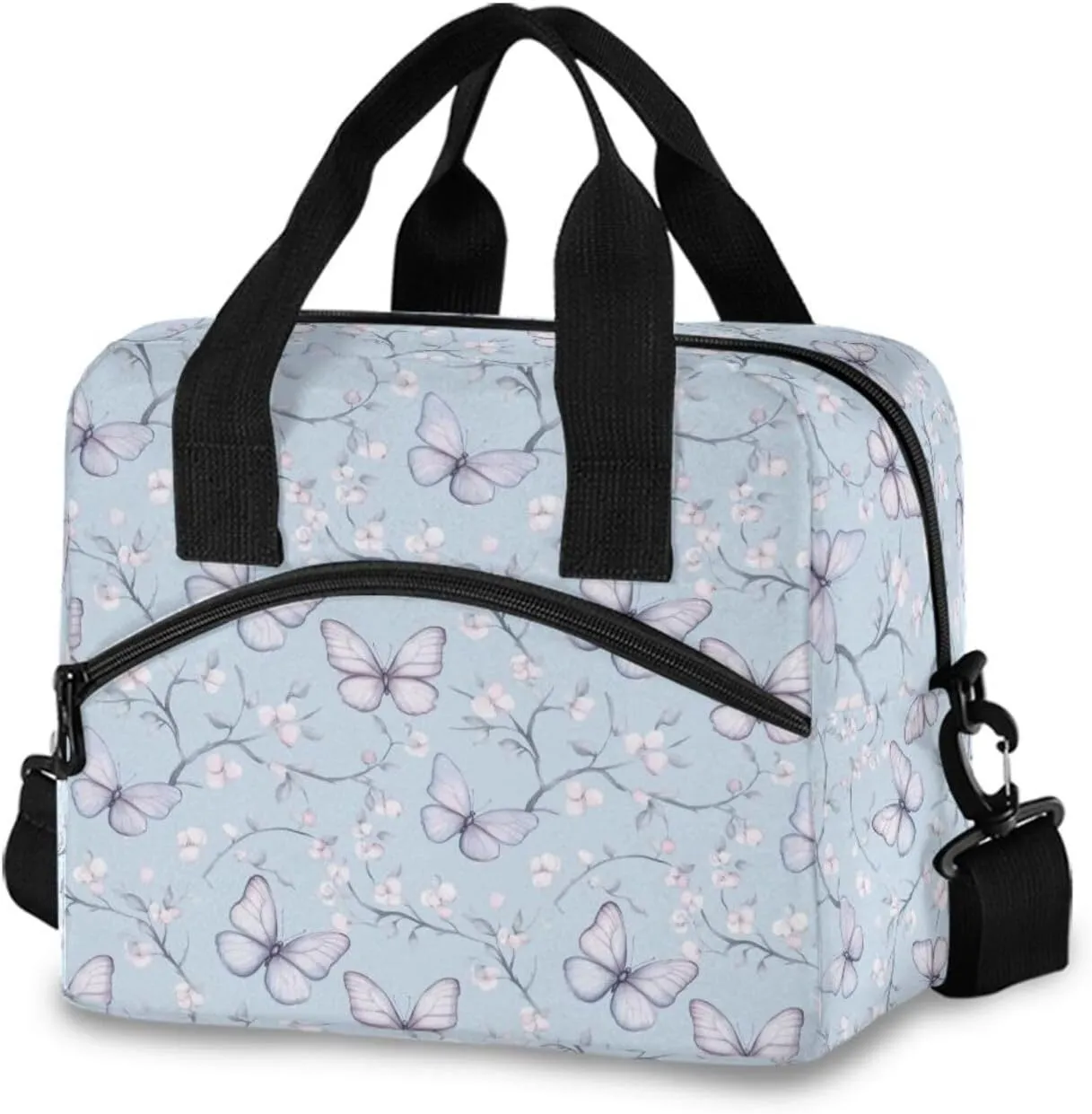 Floral Butterfly Blue Lunch Cooler Bag Crossbody or Handheld Design with 10L Capacity, Full Print Insulated Interior Great for Daily Meals & Outings
