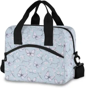 Floral Butterfly Blue Lunch Cooler Bag Crossbody or Handheld Design with 10L Capacity, Full Print Insulated Interior Great for Daily Meals & Outings