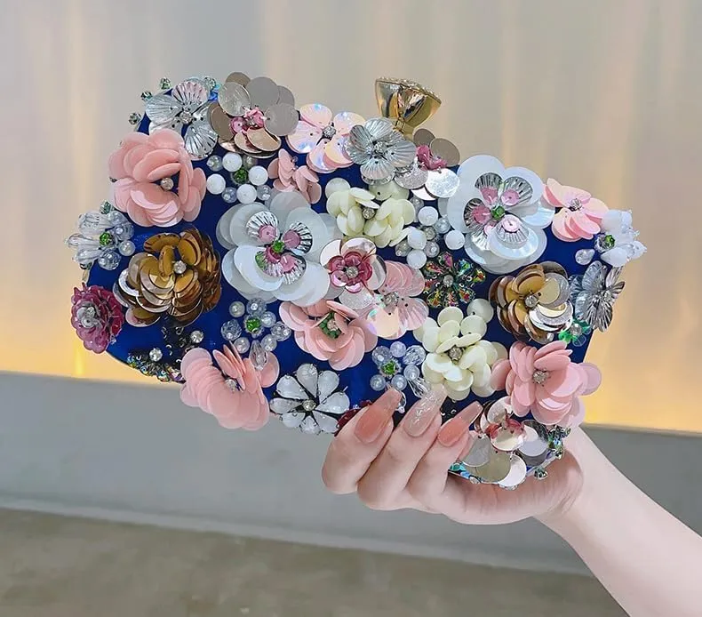 Floral Clutch Purse for Women Silk Glitter Evening Handbag Ladies Dress Crossbody Bags for Wedding,Prom,Party