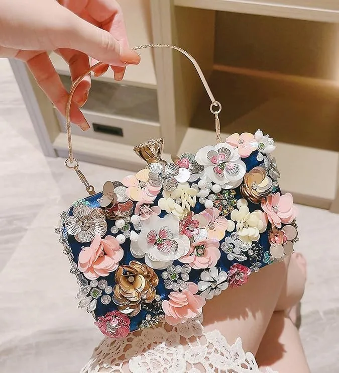 Floral Clutch Purse for Women Silk Glitter Evening Handbag Ladies Dress Crossbody Bags for Wedding,Prom,Party