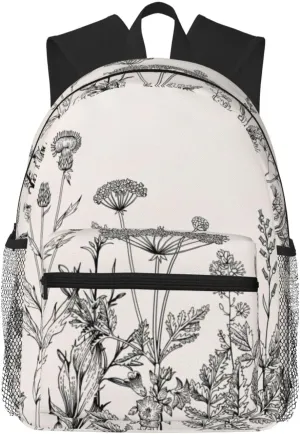 Floral Herbs Botanical Engraving Print Adults Casual Travel Zipper Bookbag Polyester Travel Daypack Bag Multiple Pockets