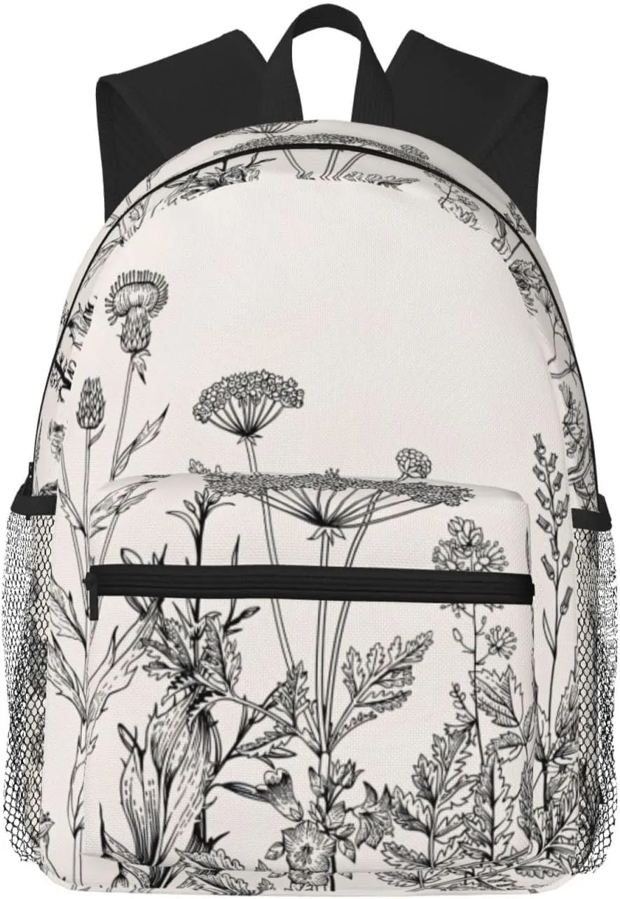 Floral Herbs Botanical Engraving Print Adults Casual Travel Zipper Bookbag Polyester Travel Daypack Bag Multiple Pockets