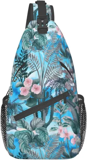 Floral Tropical Plants Leaves Small Sling Bag for Women Men's Crossbody Backpack Casual Hiking Daypack Shoulder Chest Bag with Adjustable Strap