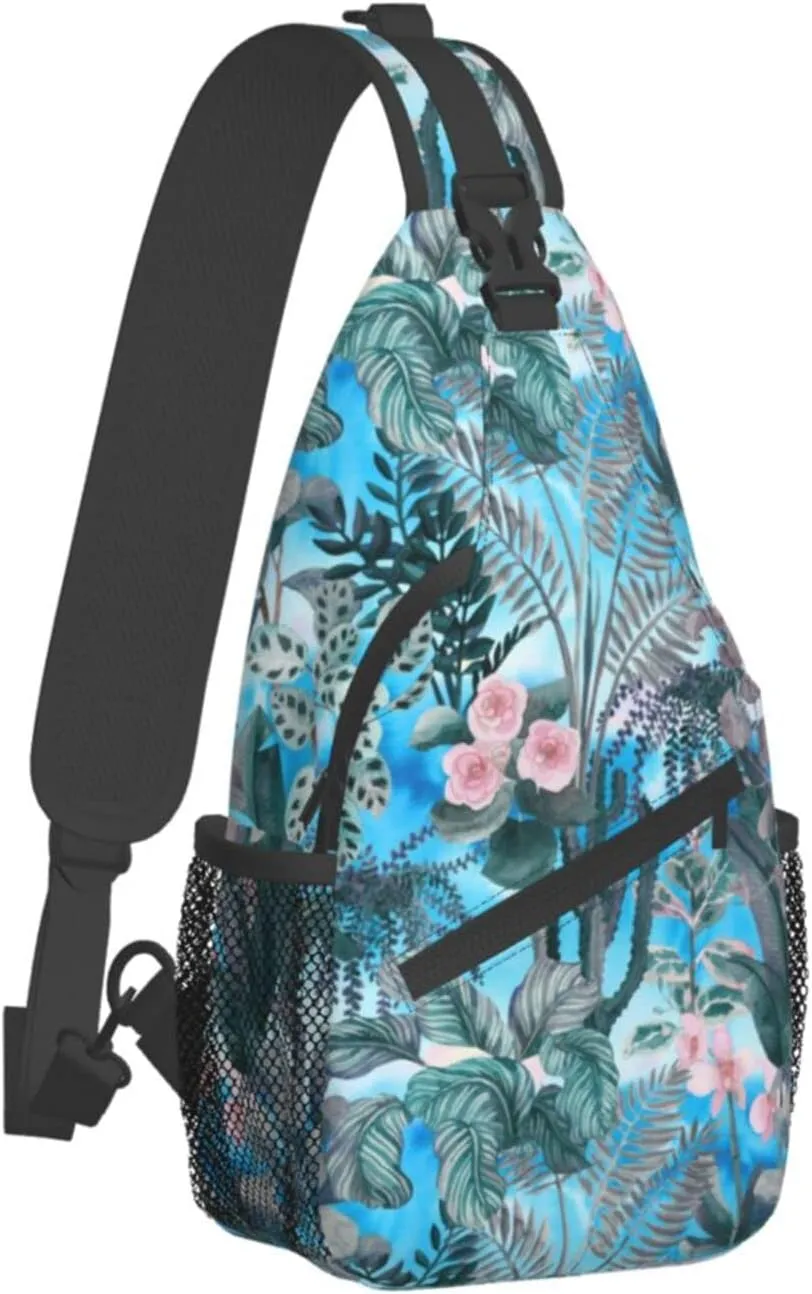 Floral Tropical Plants Leaves Small Sling Bag for Women Men's Crossbody Backpack Casual Hiking Daypack Shoulder Chest Bag with Adjustable Strap