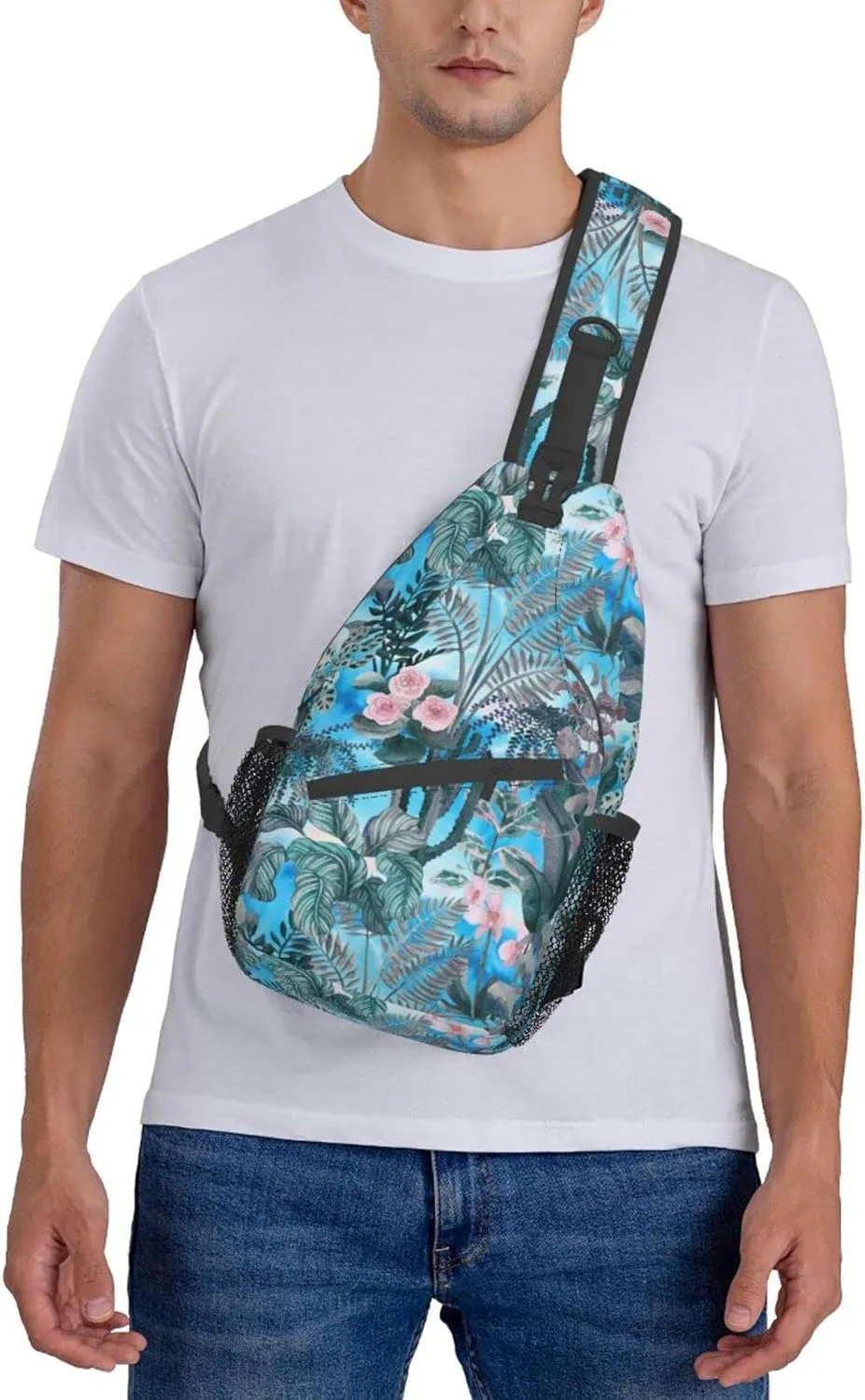 Floral Tropical Plants Leaves Small Sling Bag for Women Men's Crossbody Backpack Casual Hiking Daypack Shoulder Chest Bag with Adjustable Strap