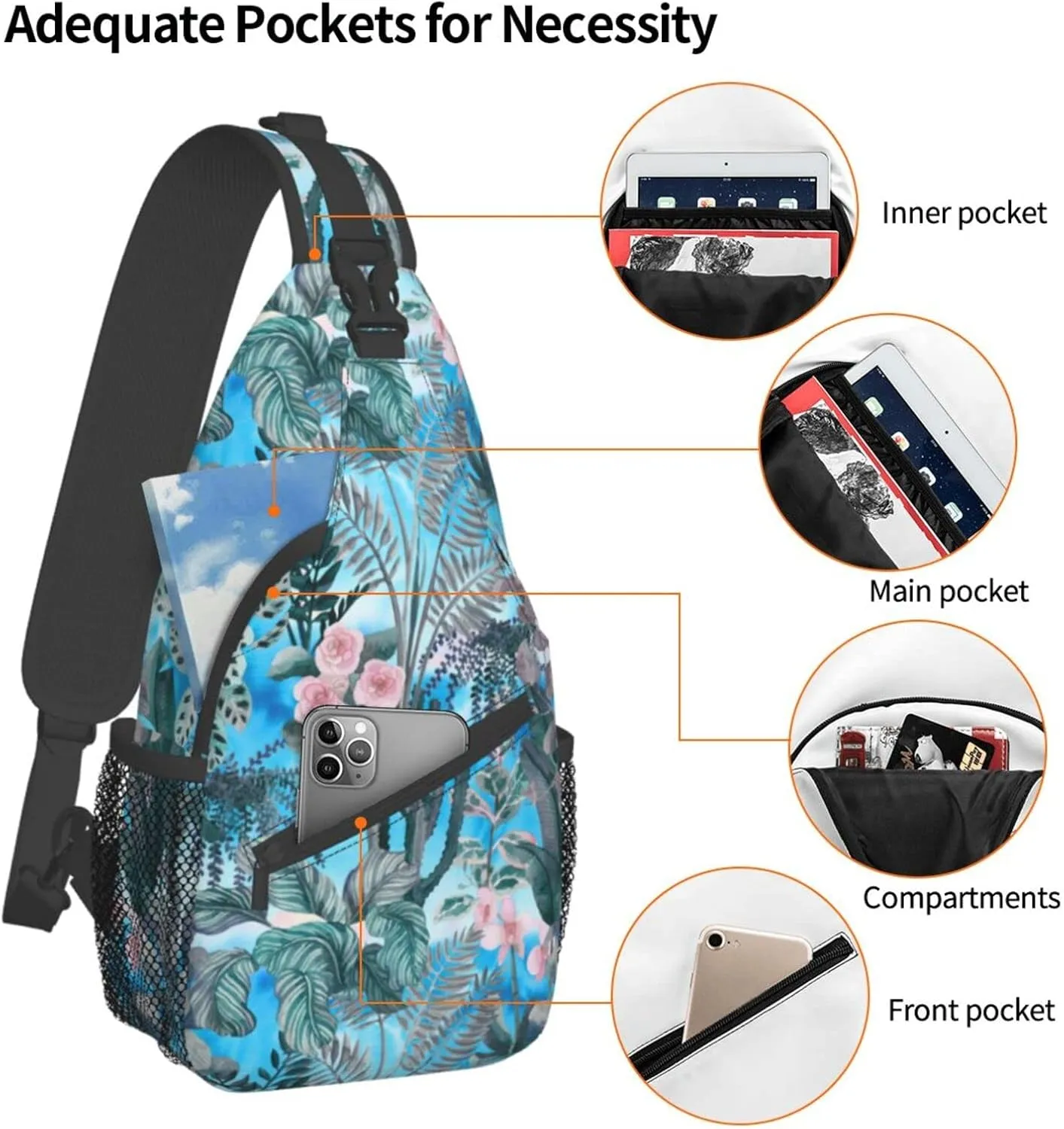 Floral Tropical Plants Leaves Small Sling Bag for Women Men's Crossbody Backpack Casual Hiking Daypack Shoulder Chest Bag with Adjustable Strap